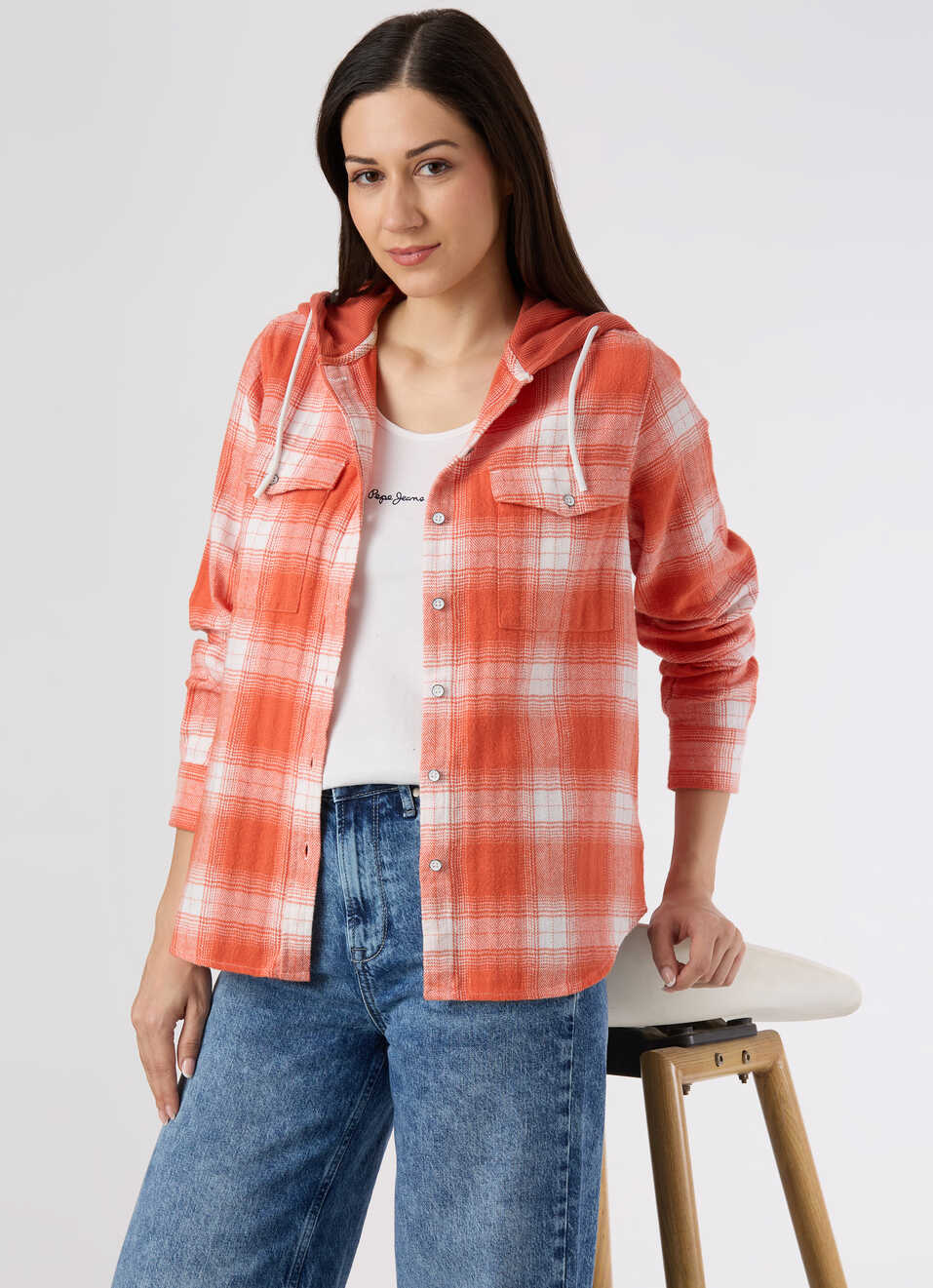 Women Orange Checked Regular Fit Hooded Shirt, , large image number 0