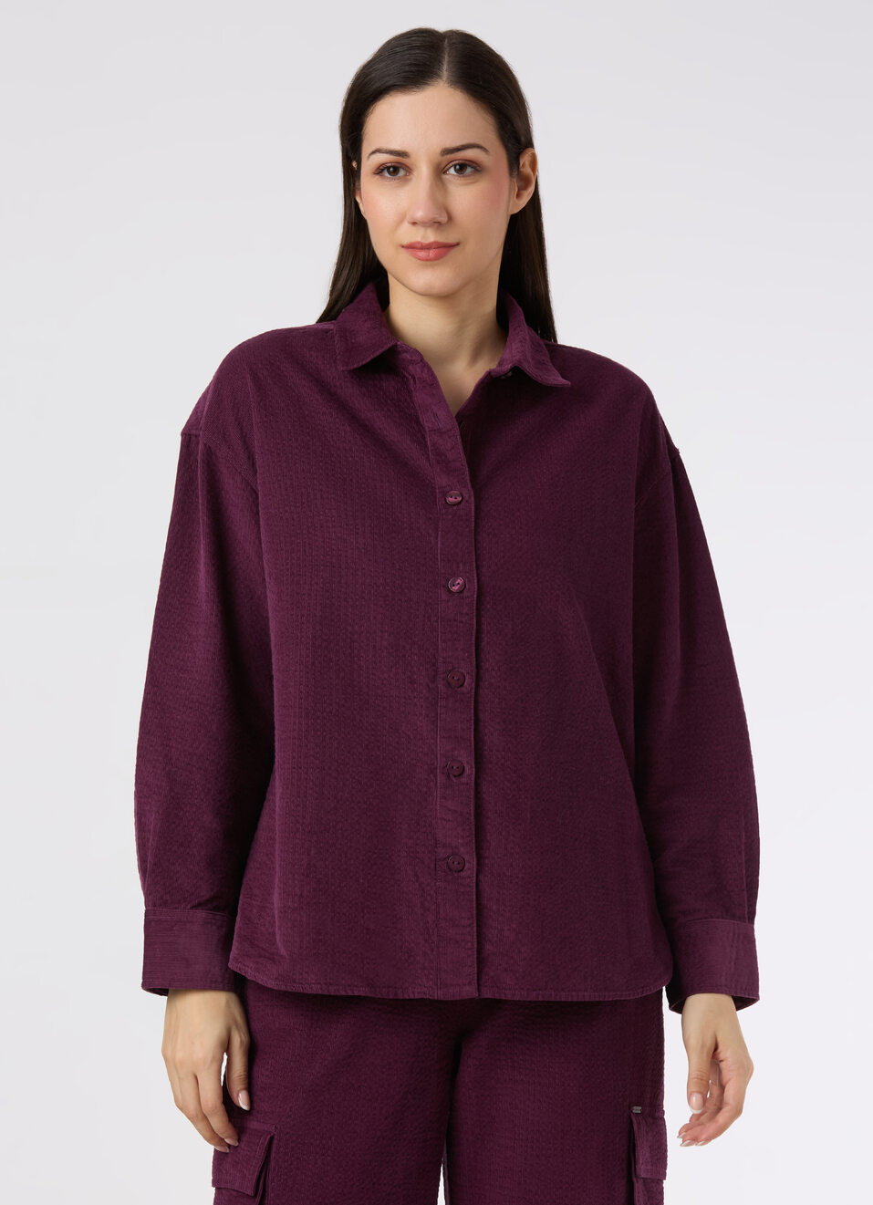 Women Purple Oversized Corduroy Textured Full Sleeve Shirt, , large image number 1