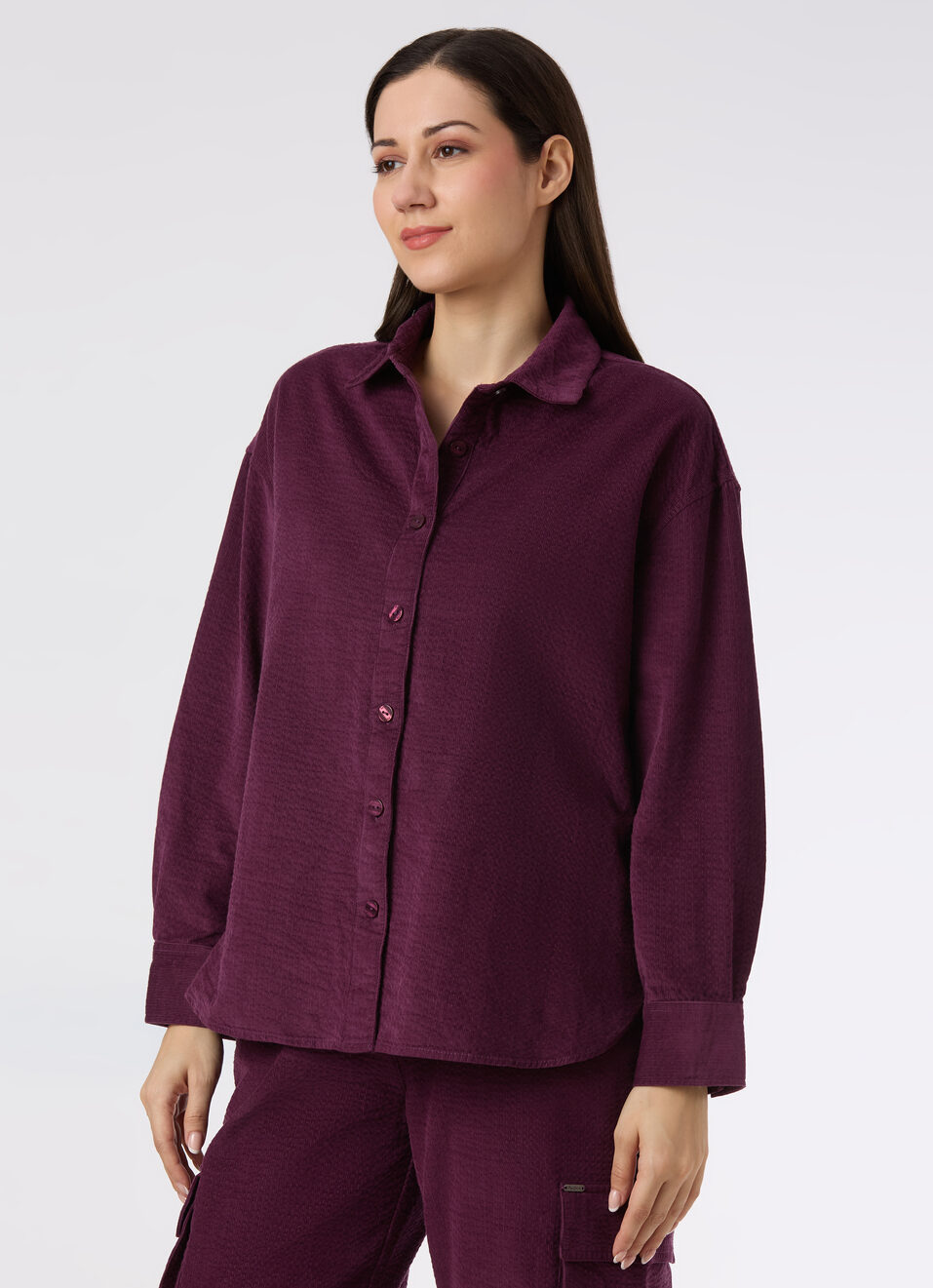 Women Purple Oversized Corduroy Textured Full Sleeve Shirt, , large image number 3