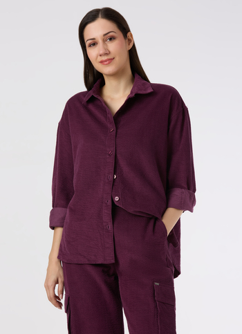 Women Purple Oversized Corduroy Textured Full Sleeve Shirt