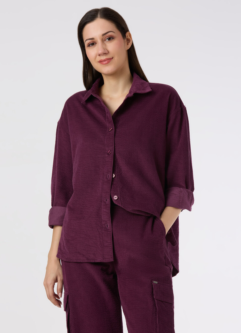Women Purple Oversized Corduroy Textured Full Sleeve Shirt, , large image number 0