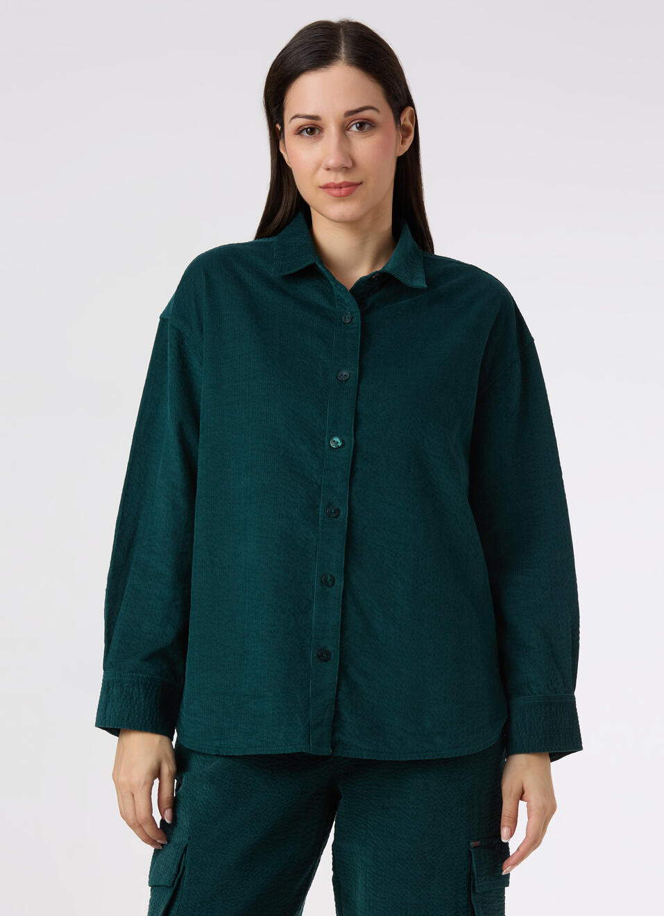 Women Green Oversized Corduroy Textured Full Sleeve Shirt, , large image number 1