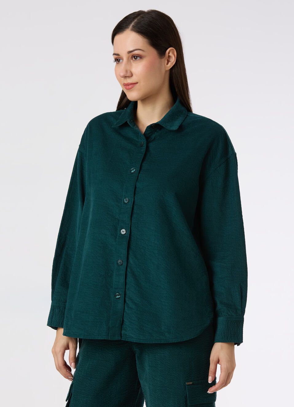 Women Green Oversized Corduroy Textured Full Sleeve Shirt, , large image number 3