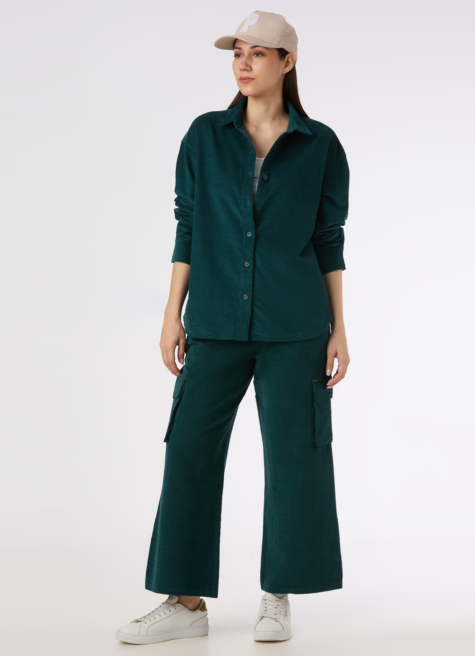 Women Green Oversized Corduroy Textured Full Sleeve Shirt, , large image number 5