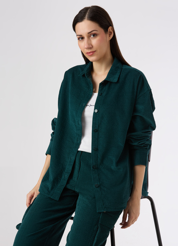 Women Green Oversized Corduroy Textured Full Sleeve Shirt