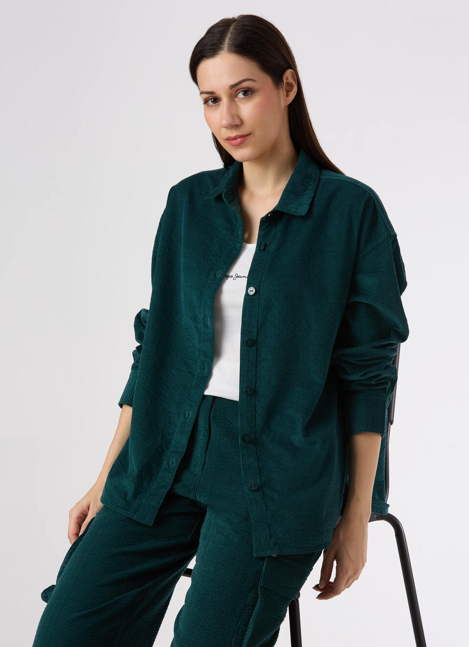 Women Green Oversized Corduroy Textured Full Sleeve Shirt, , large image number 0