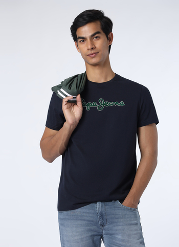 Men Navy Logo Print Short Sleeve Slim Fit T-shirt