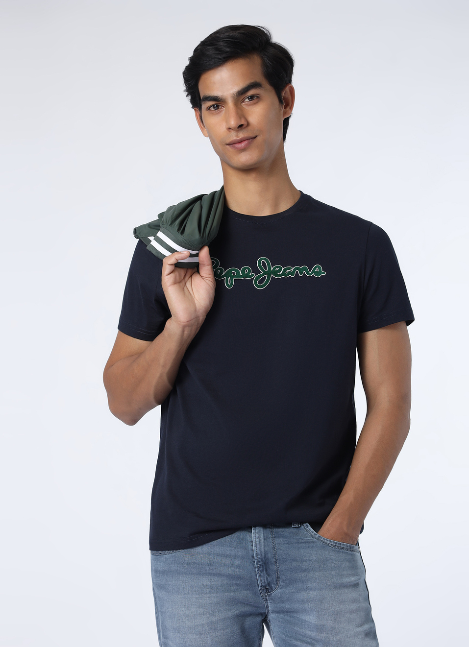 Men Navy Logo Print Short Sleeve Slim Fit T-shirt, , large image number 0