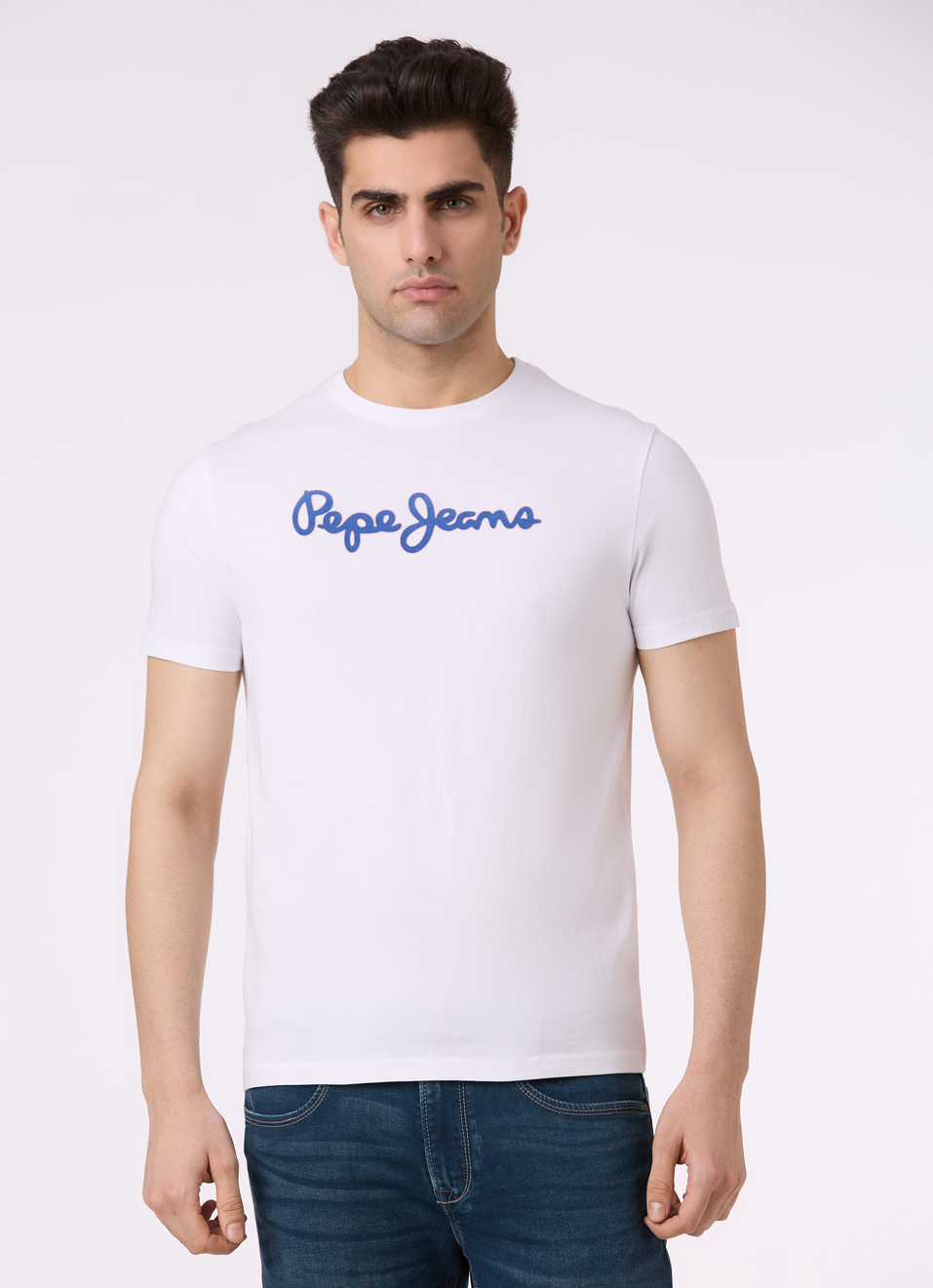 Men White Logo Print Short Sleeve Slim Fit T-shirt, , large image number 1