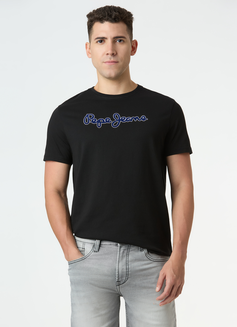 Men Black Logo Print Short Sleeve Slim Fit T-shirt, , large image number 0