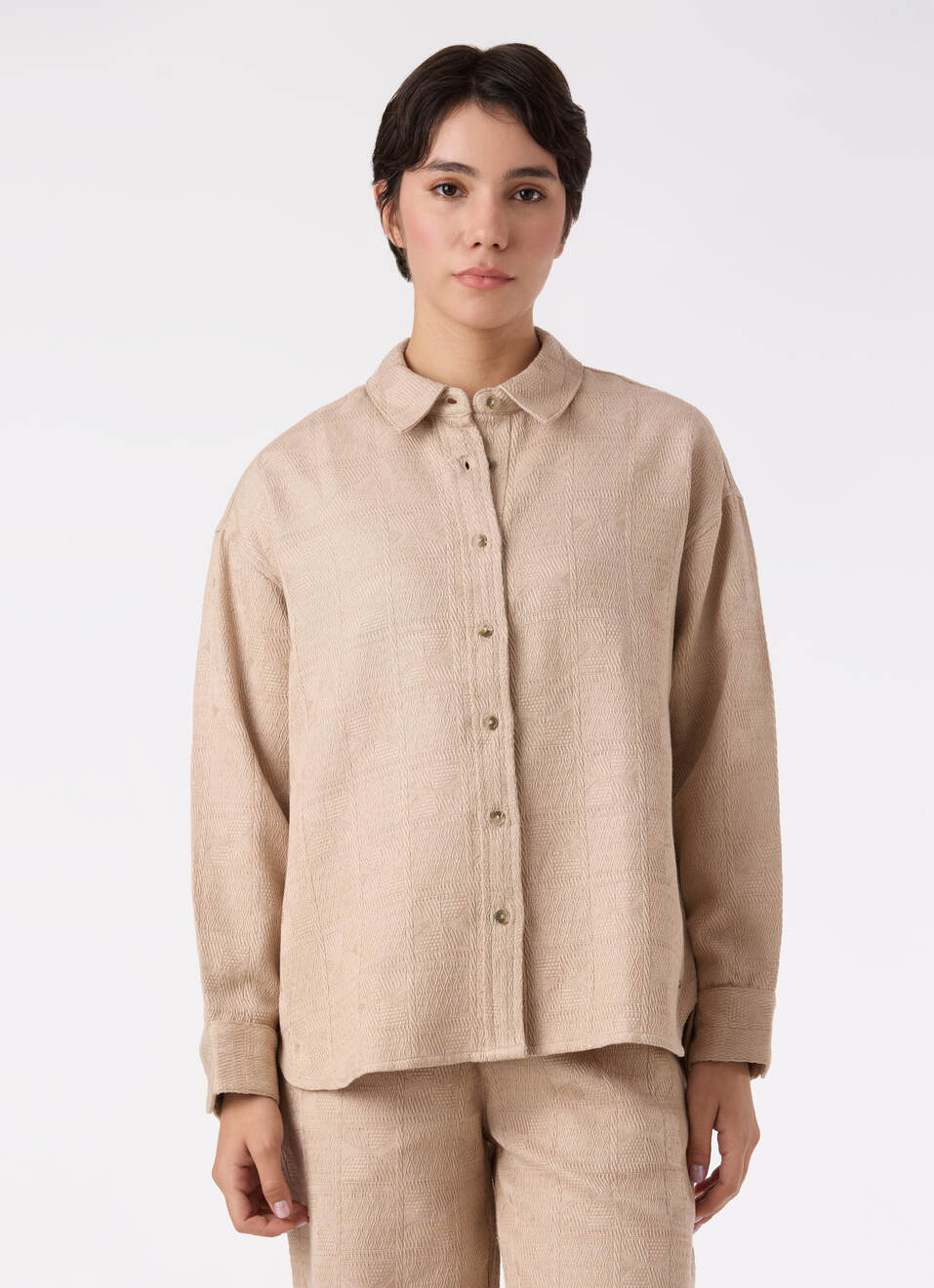Women Beige Oversize Textured Full Sleeve Shirt, , large image number 1