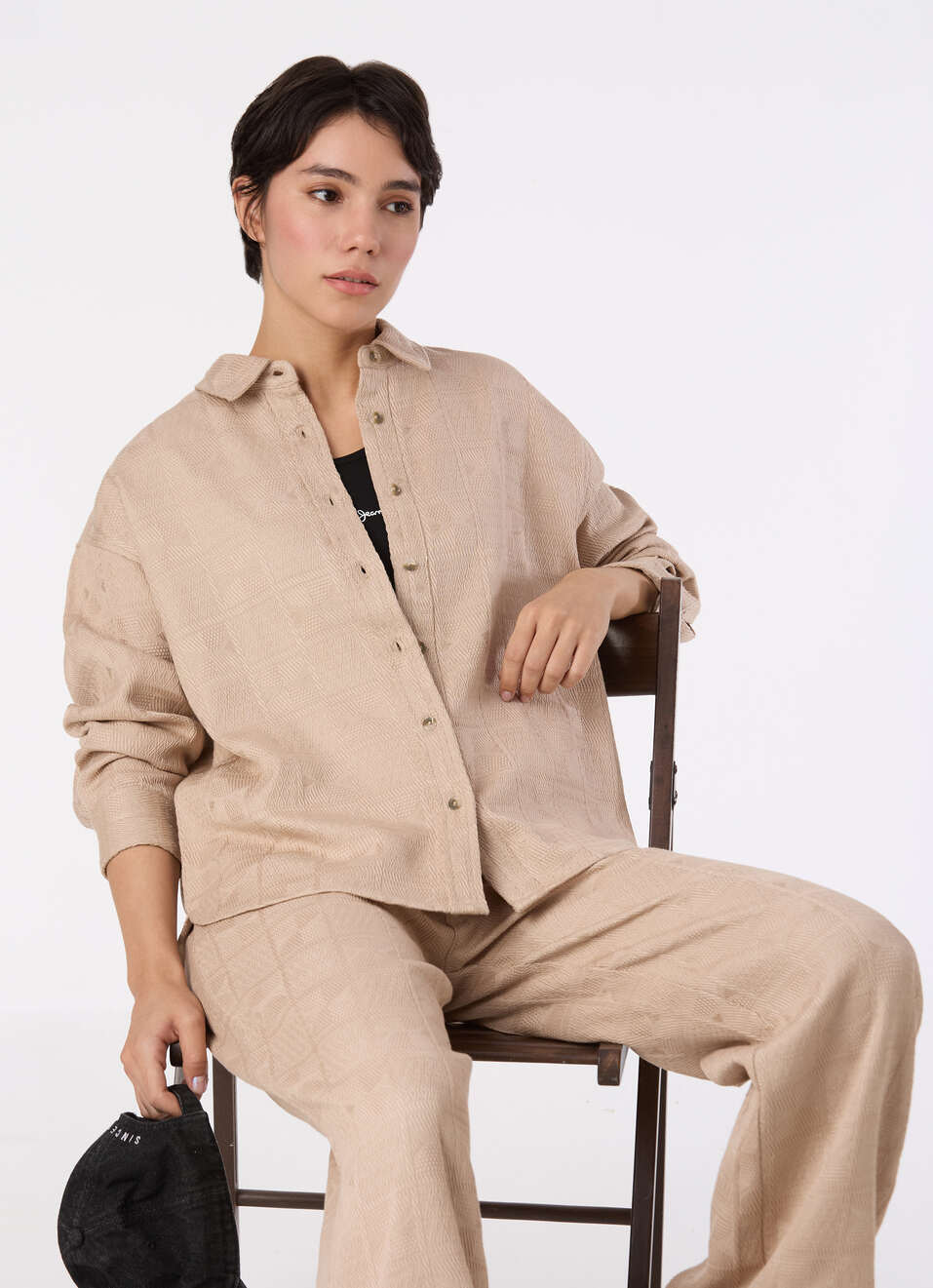 Women Beige Oversize Textured Full Sleeve Shirt, , large image number 0