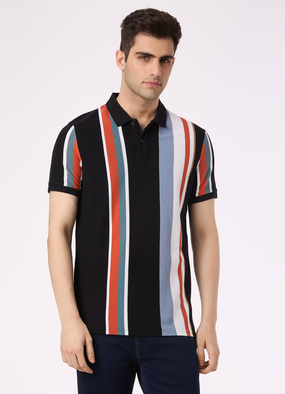 Men Black Vertical Stripe Polo, , large image number 1