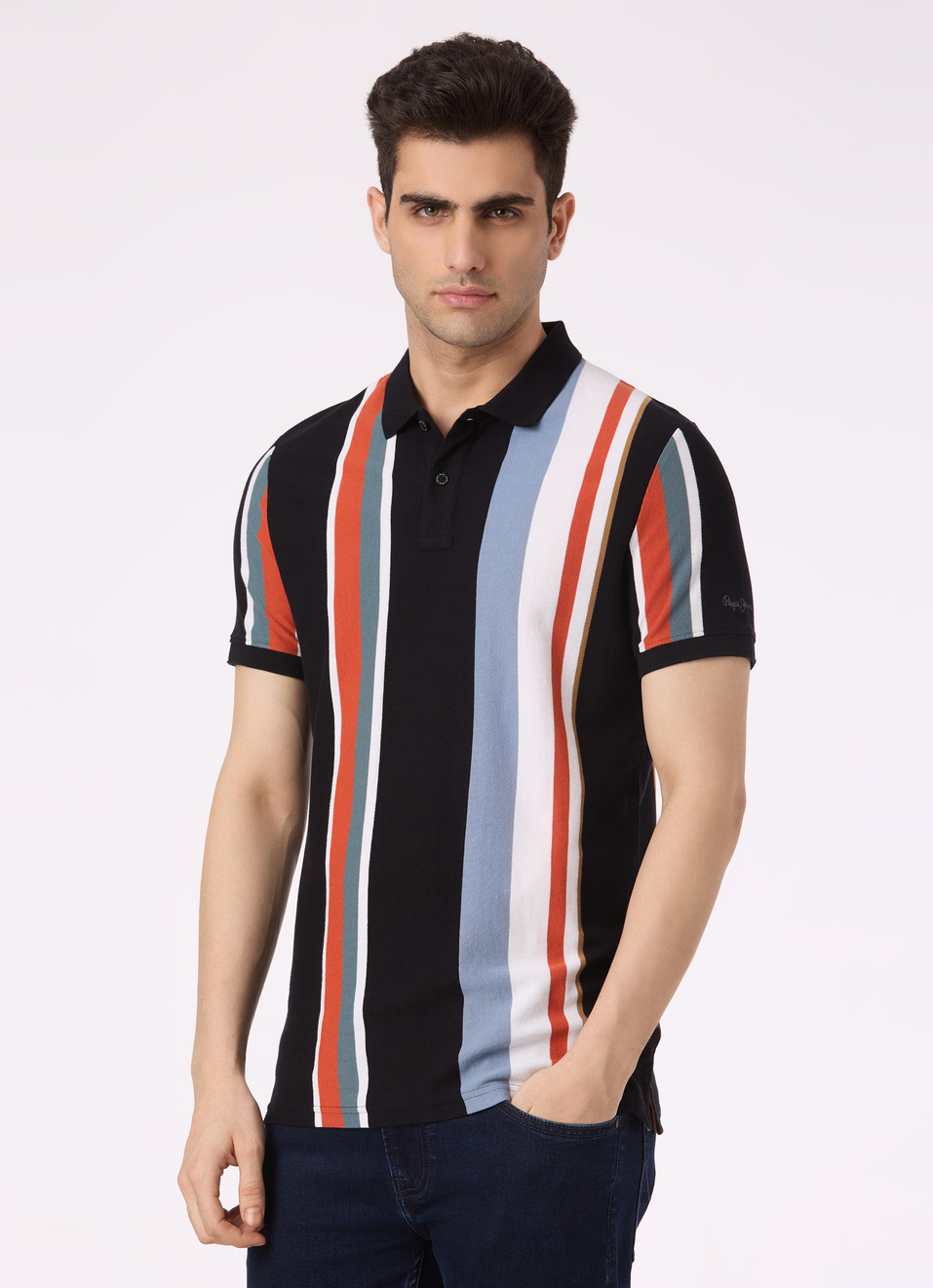 Men Black Vertical Stripe Polo, , large image number 2