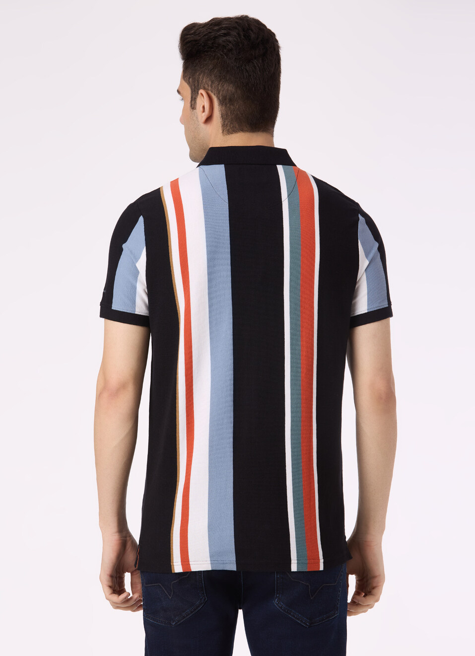 Men Black Vertical Stripe Polo, , large image number 3