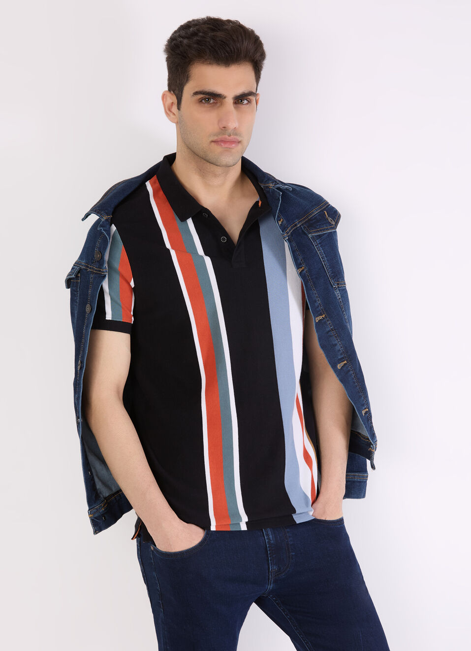 Men Black Vertical Stripe Polo, , large image number 0