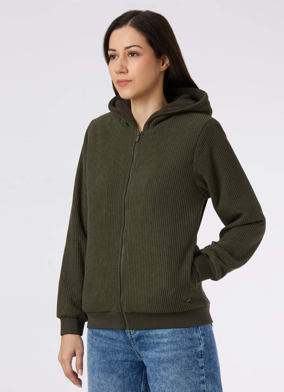 Women Olive Green Textured Hooded Zip Up Jacket, , large image number 3
