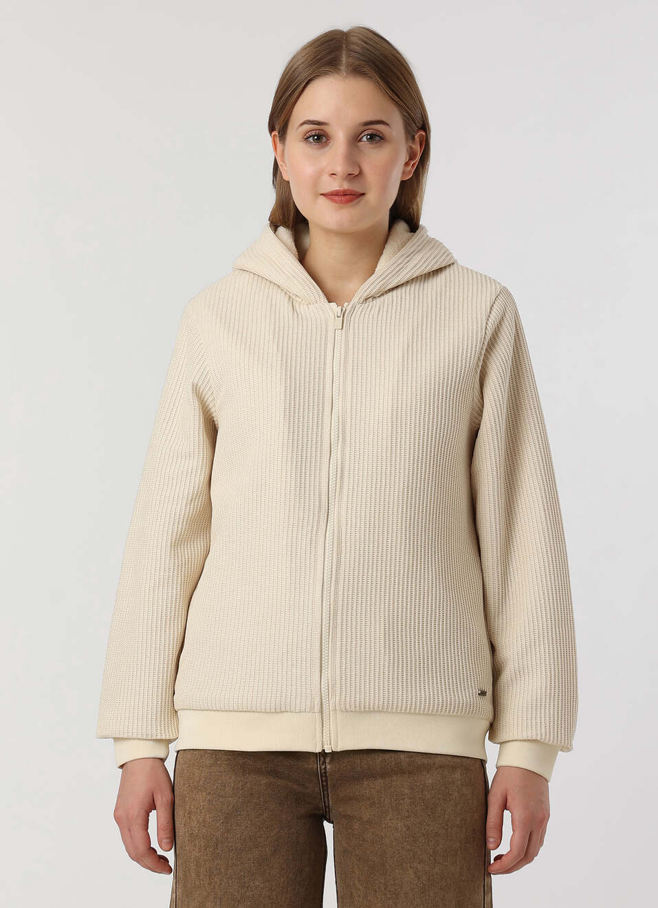 Women Off White Textured Hooded Zip Up Jacket, , large image number 1