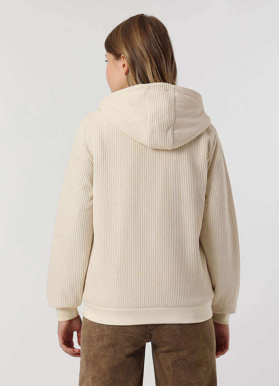 Women Off White Textured Hooded Zip Up Jacket, , large image number 2