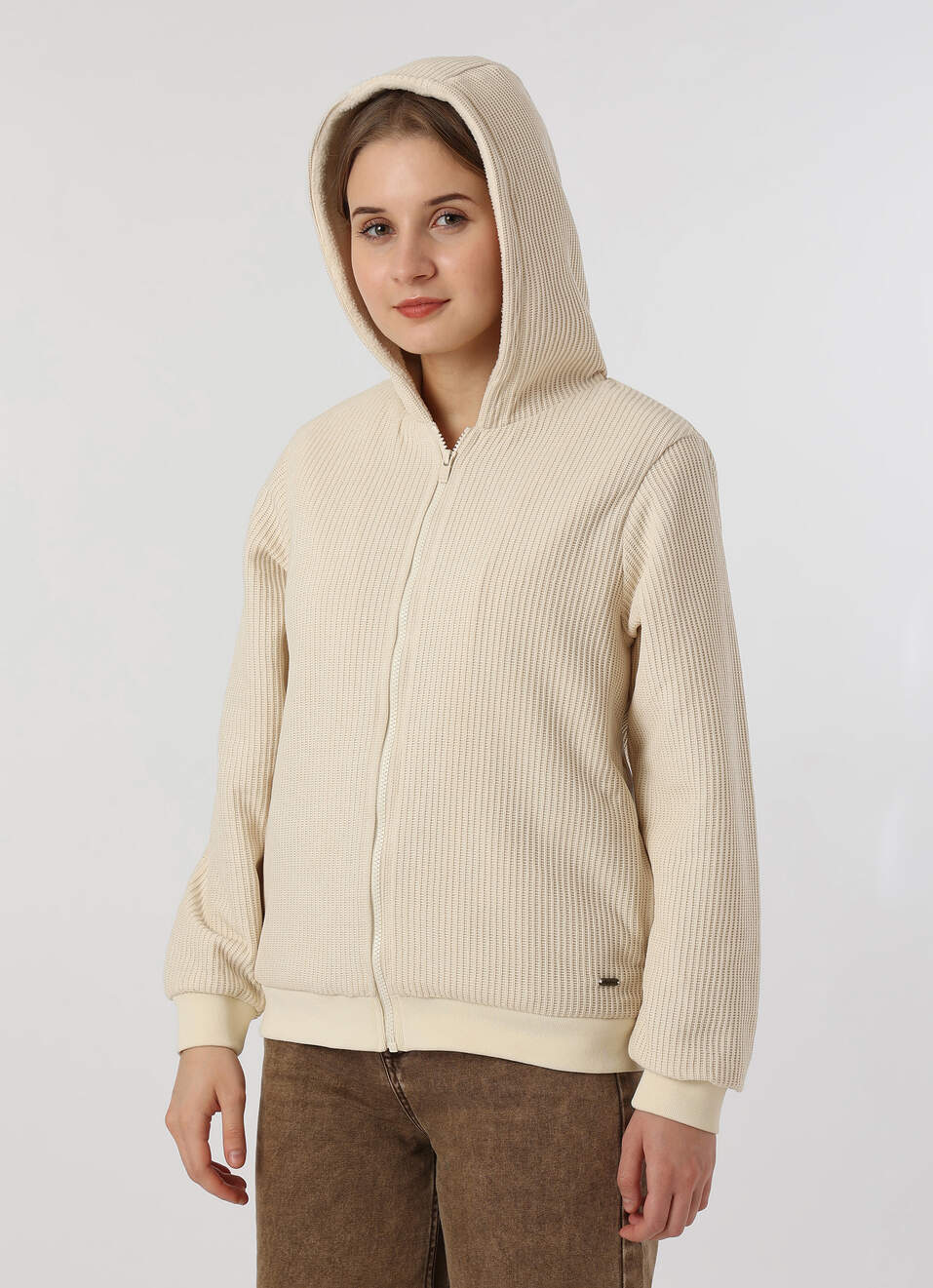 Women Off White Textured Hooded Zip Up Jacket, , large image number 3