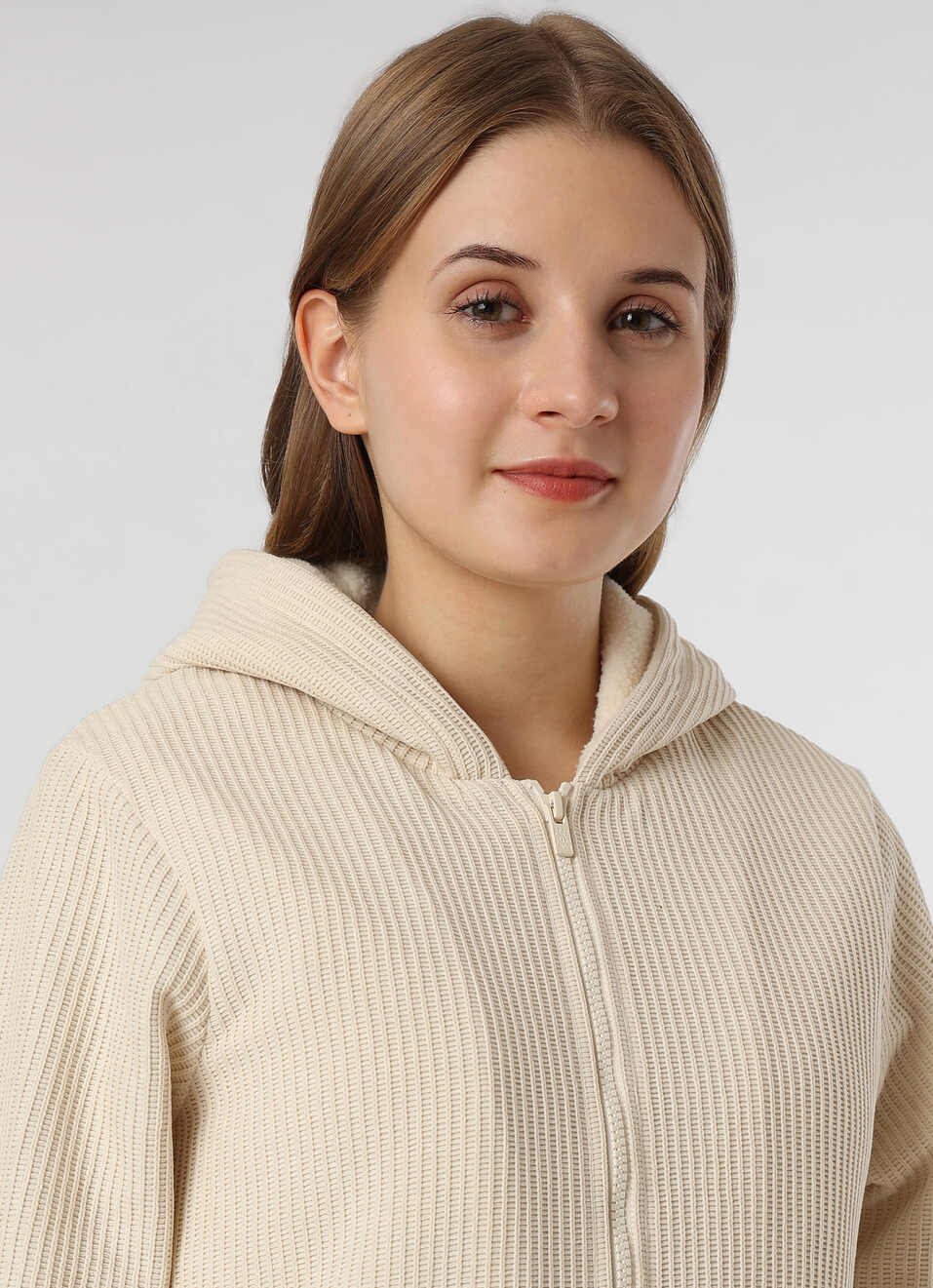 Women Off White Textured Hooded Zip Up Jacket, , large image number 4