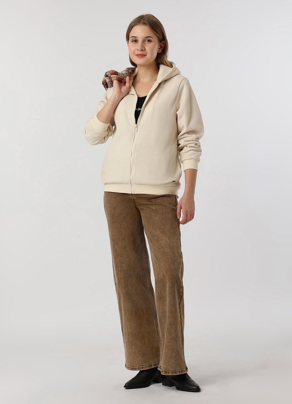 Women Off White Textured Hooded Zip Up Jacket, , large image number 5