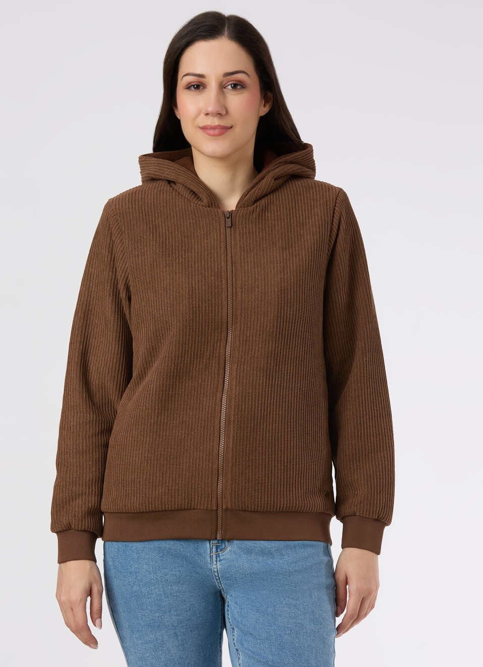 Women Brown Textured Hooded Zip Up Jacket, , large image number 1