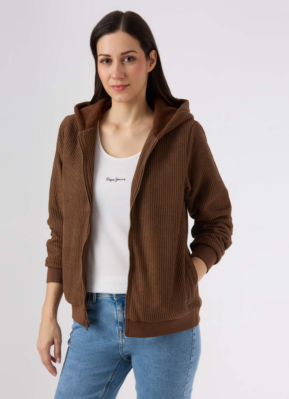 Women Brown Textured Hooded Zip Up Jacket, , large image number 0