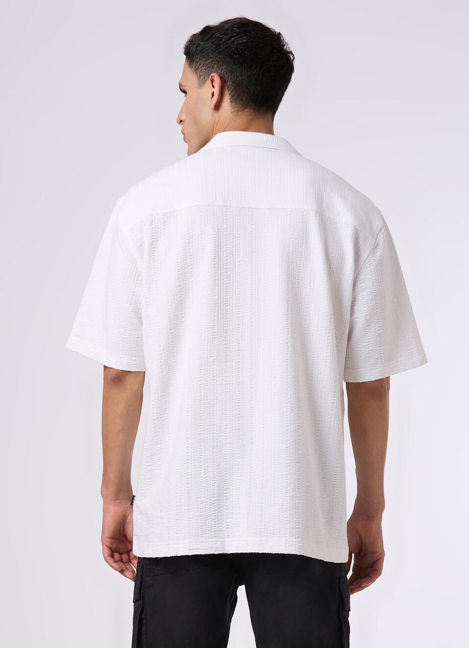 Men Black Cuban Collar Short Sleeve Relaxed Fit Shirt, , large image number 2