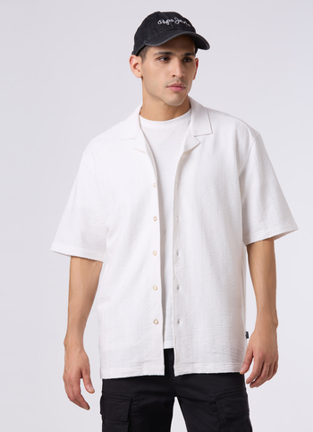 Men White Cuban Collar Short Sleeve Relaxed Fit Shirt