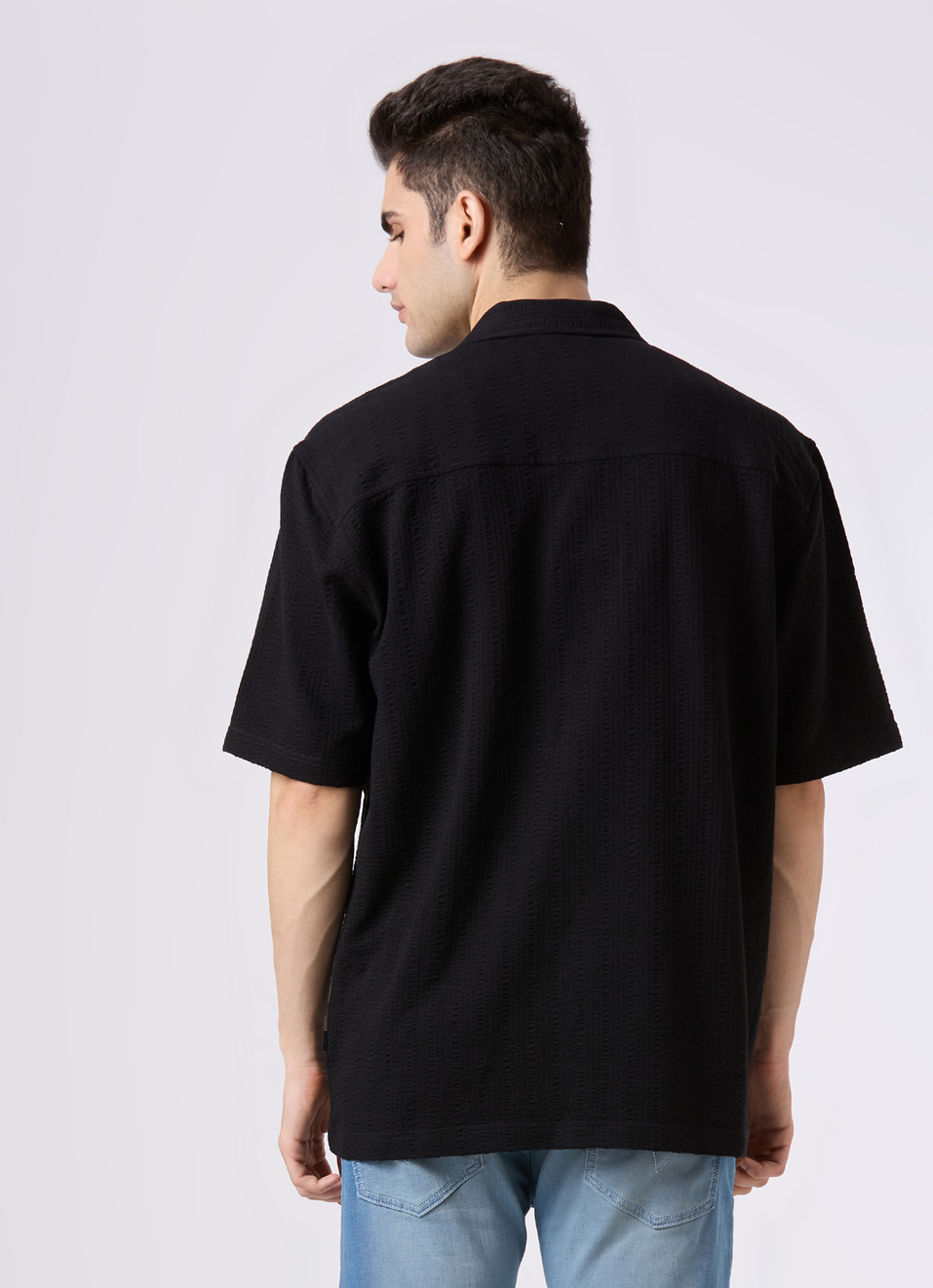 Men Black Cuban Collar Short Sleeve Relaxed Fit Shirt, , large image number 2