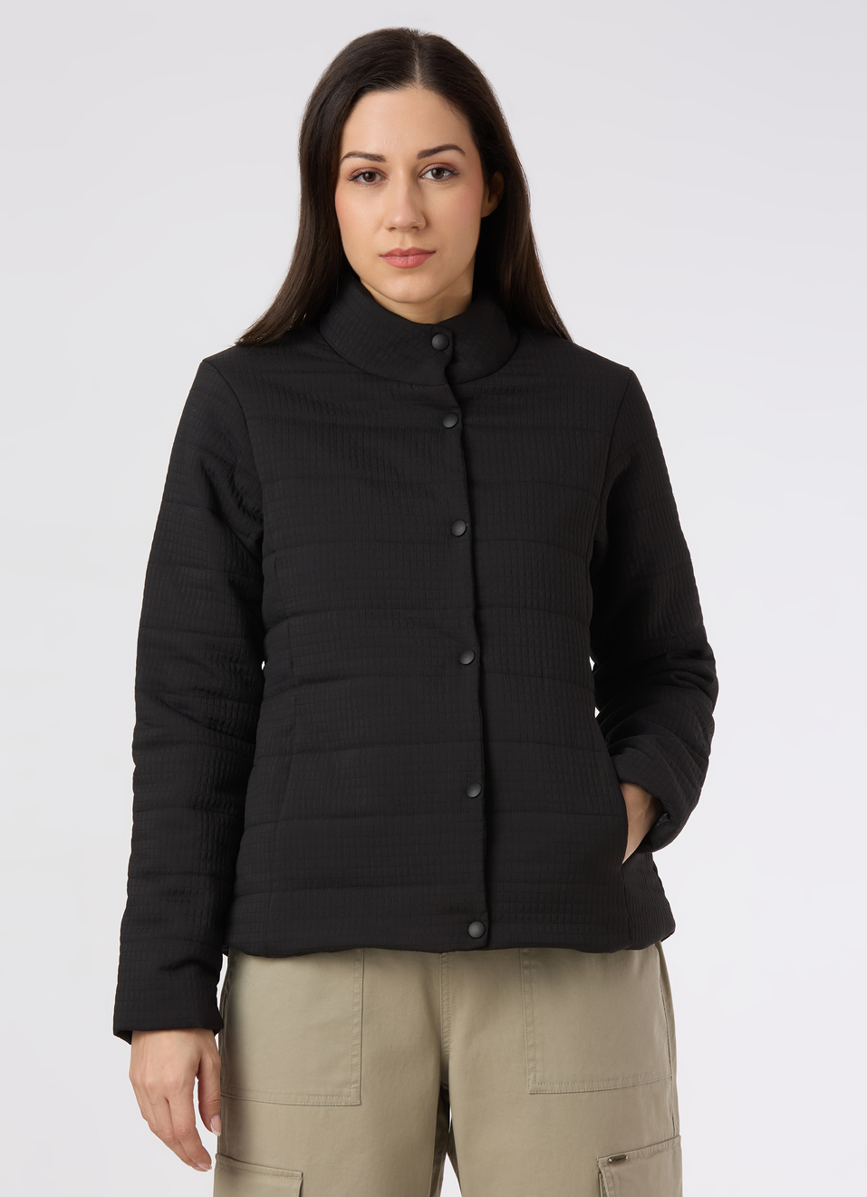 Women Black Regular Fit High Neck Quilted Jacket, , large image number 1