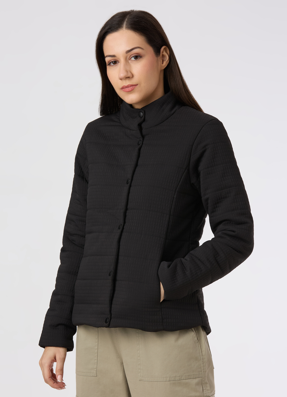 Women Black Regular Fit High Neck Quilted Jacket, , large image number 3
