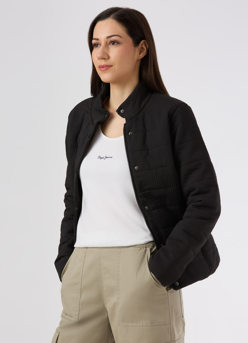 Women Black Regular Fit High Neck Quilted Jacket, , large image number 0