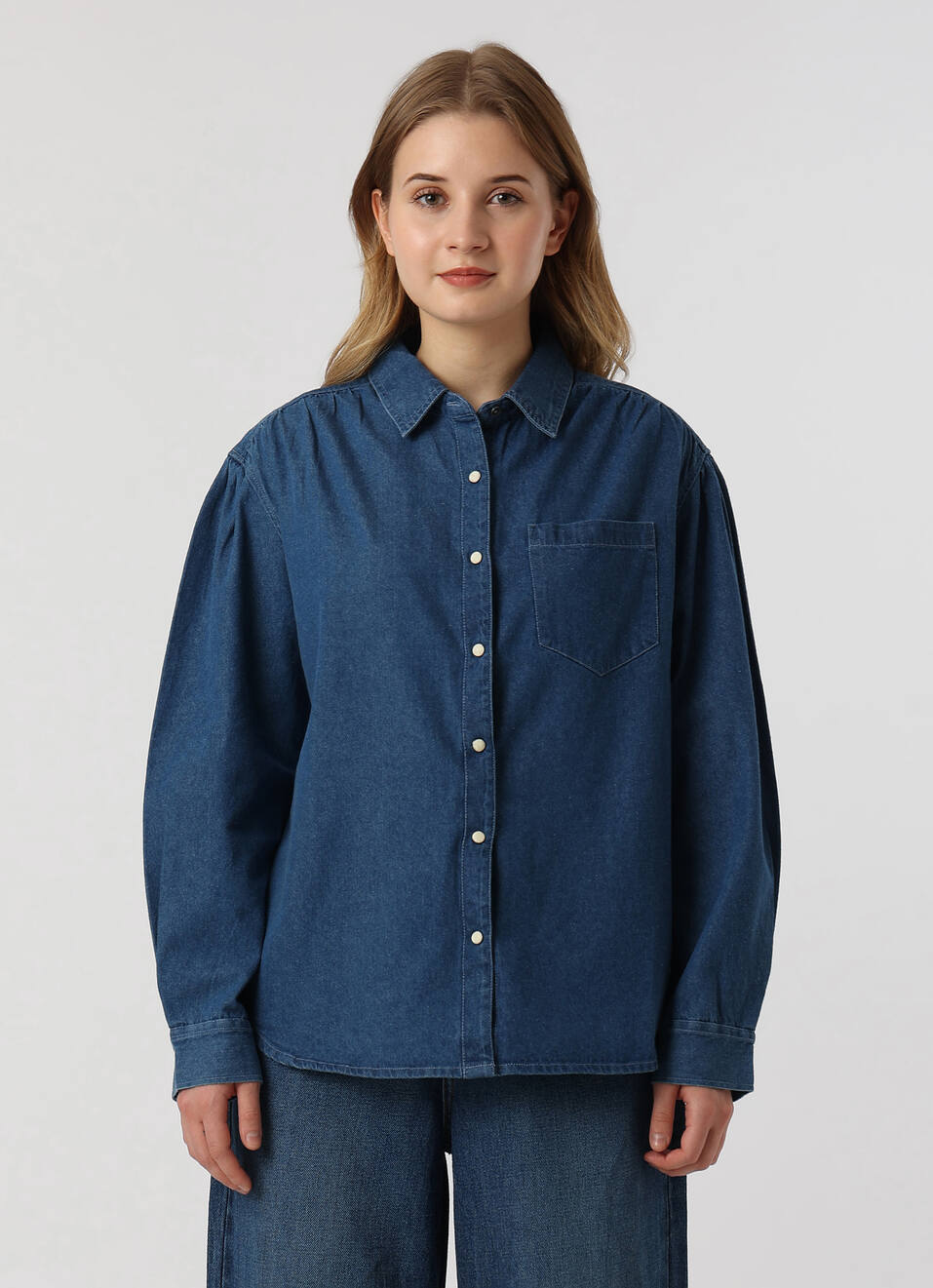 Women Blue Solid Denim Oversized Casual Shirt, , large image number 1