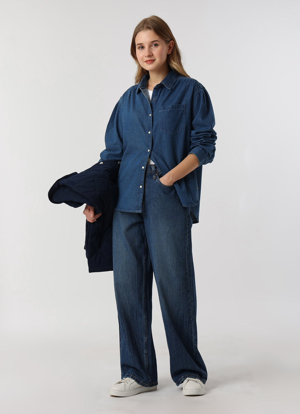 Women Blue Solid Denim Oversized Casual Shirt, , large image number 5