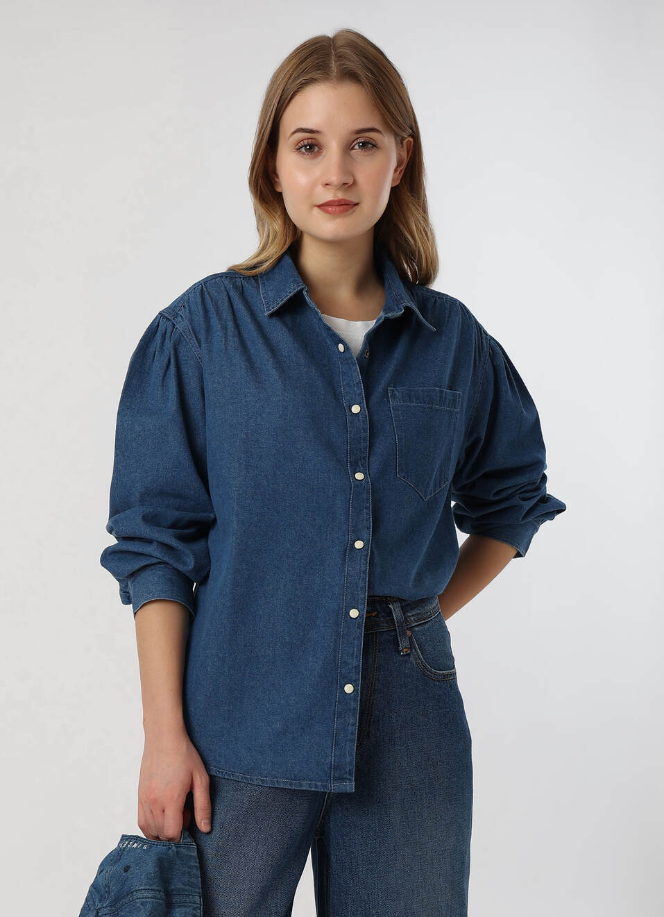 Women Blue Solid Denim Oversized Casual Shirt, , large image number 0