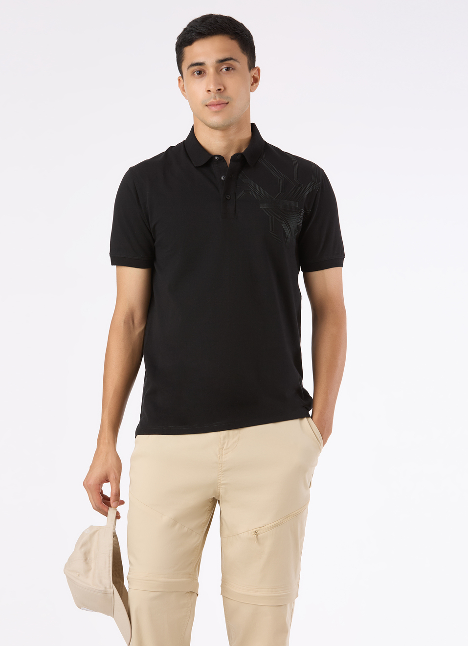 Men Black Geometric Print Polo, , large image number 0