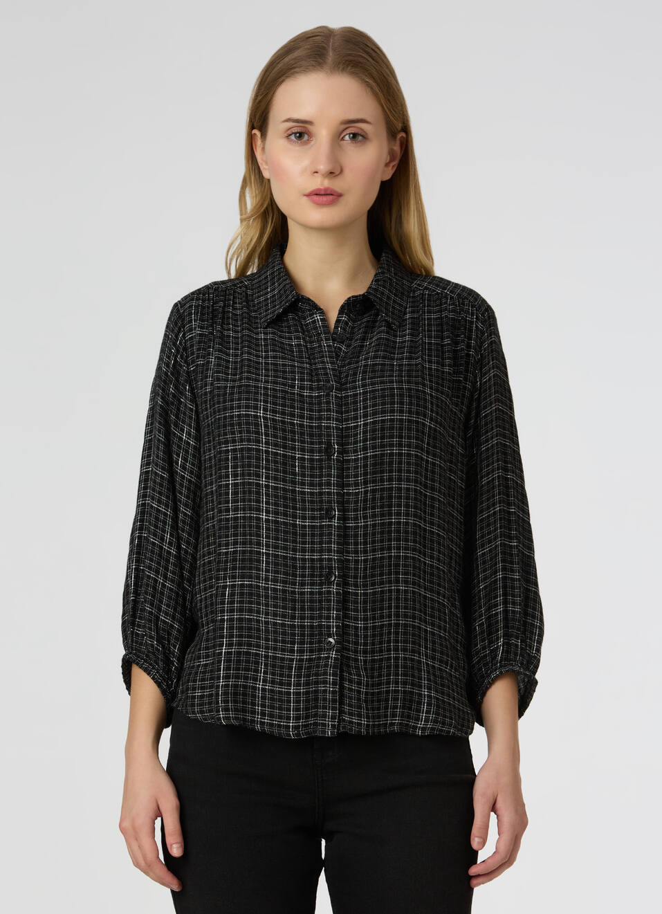 Women Black Checked 3/4 Sleeves Regular Fit Shirt, , large image number 1