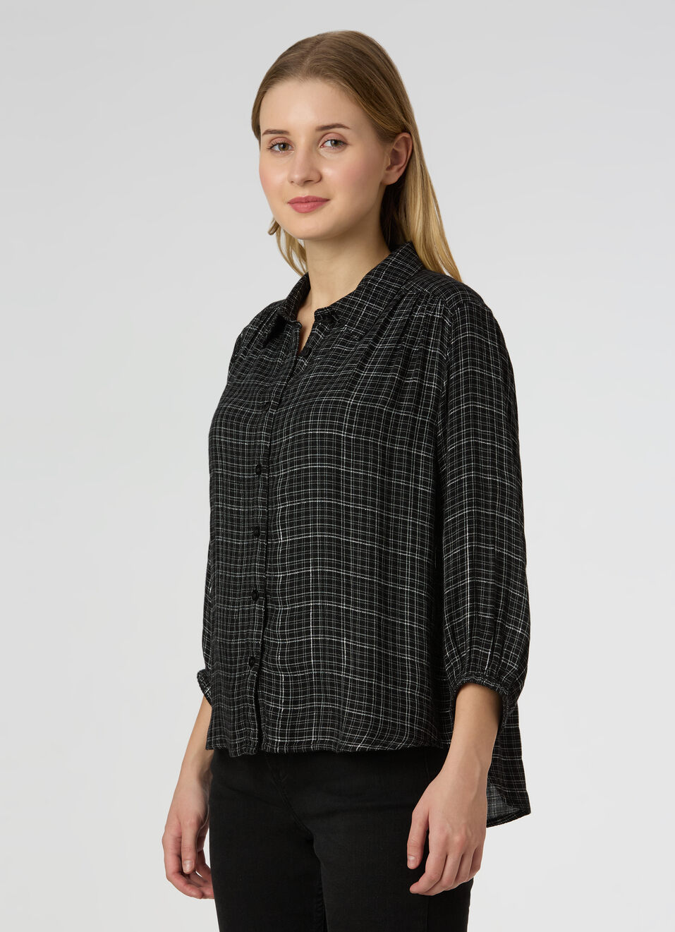 Women Black Checked 3/4 Sleeves Regular Fit Shirt, , large image number 3