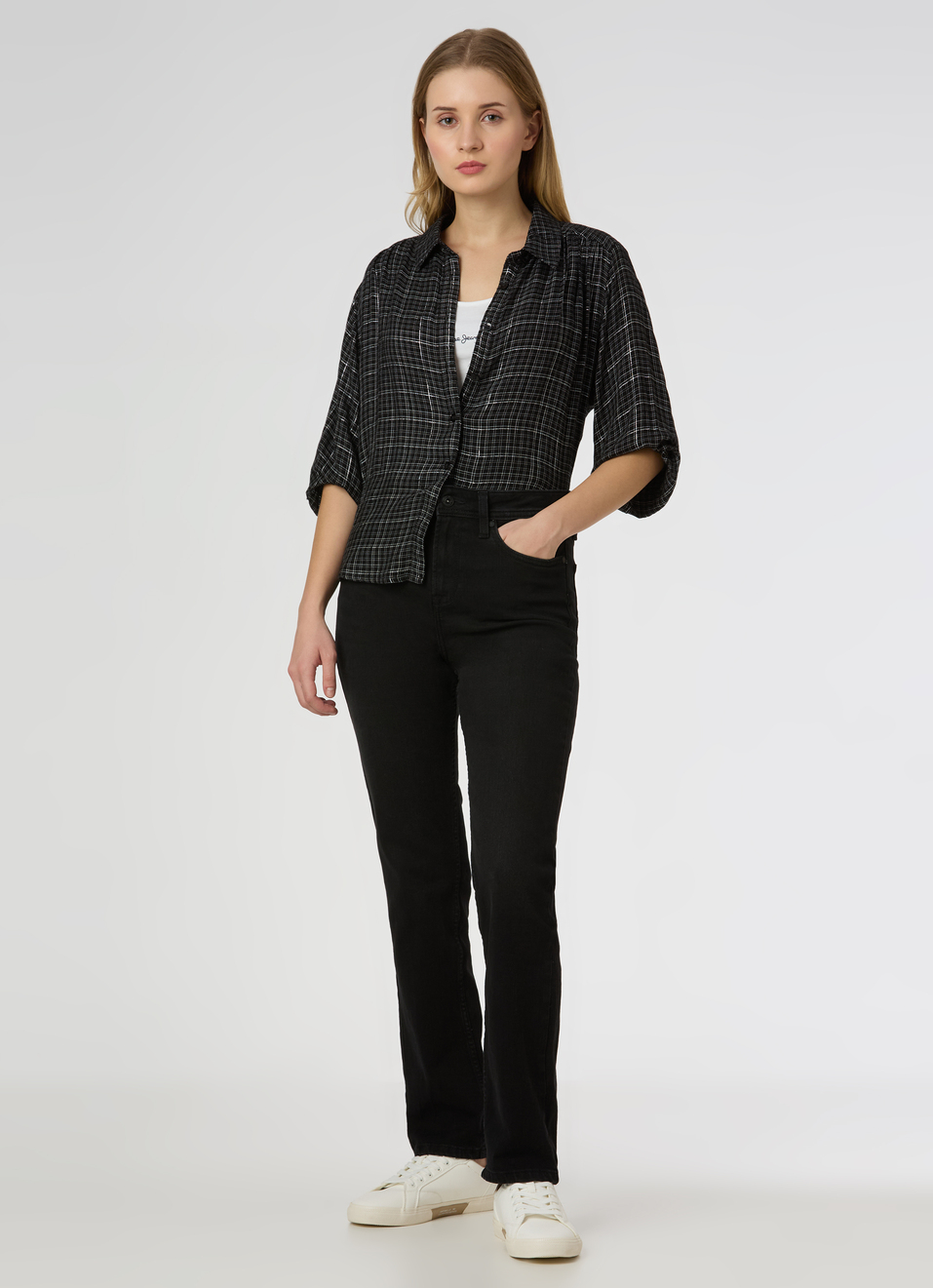 Women Black Checked 3/4 Sleeves Regular Fit Shirt, , large image number 5