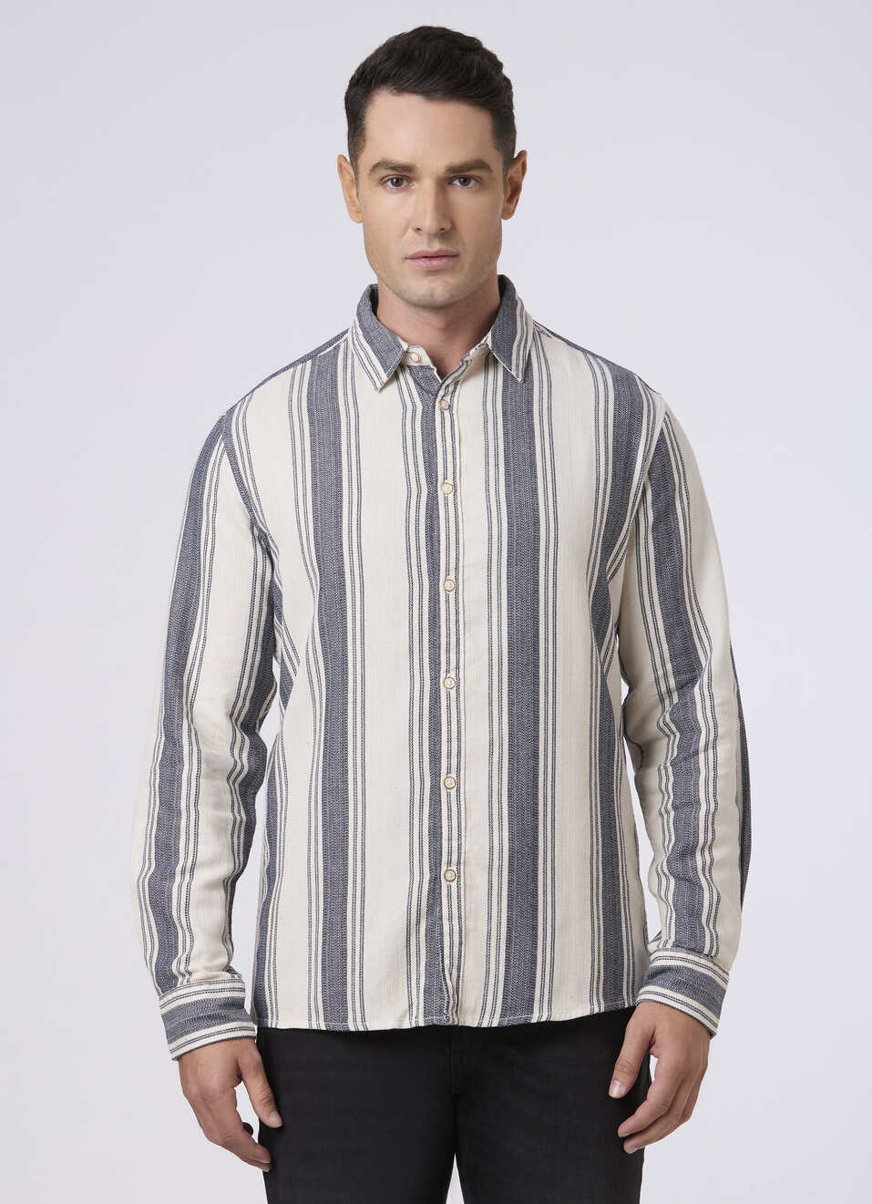 Men White & Grey Vertical Stripe Casual Shirt, , large image number 1