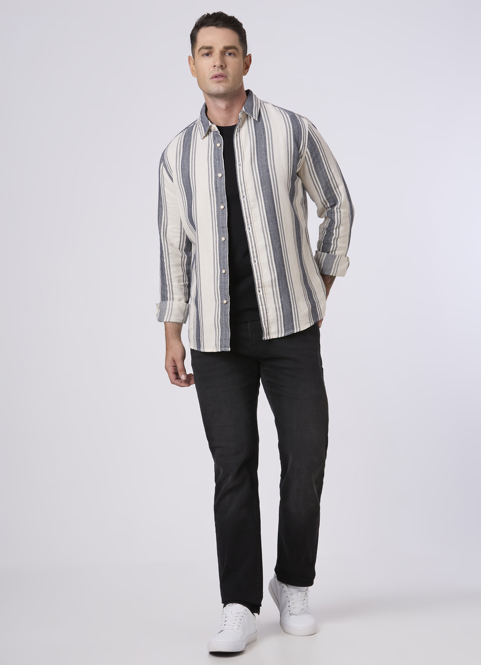 Men White & Grey Vertical Stripe Casual Shirt, , large image number 5