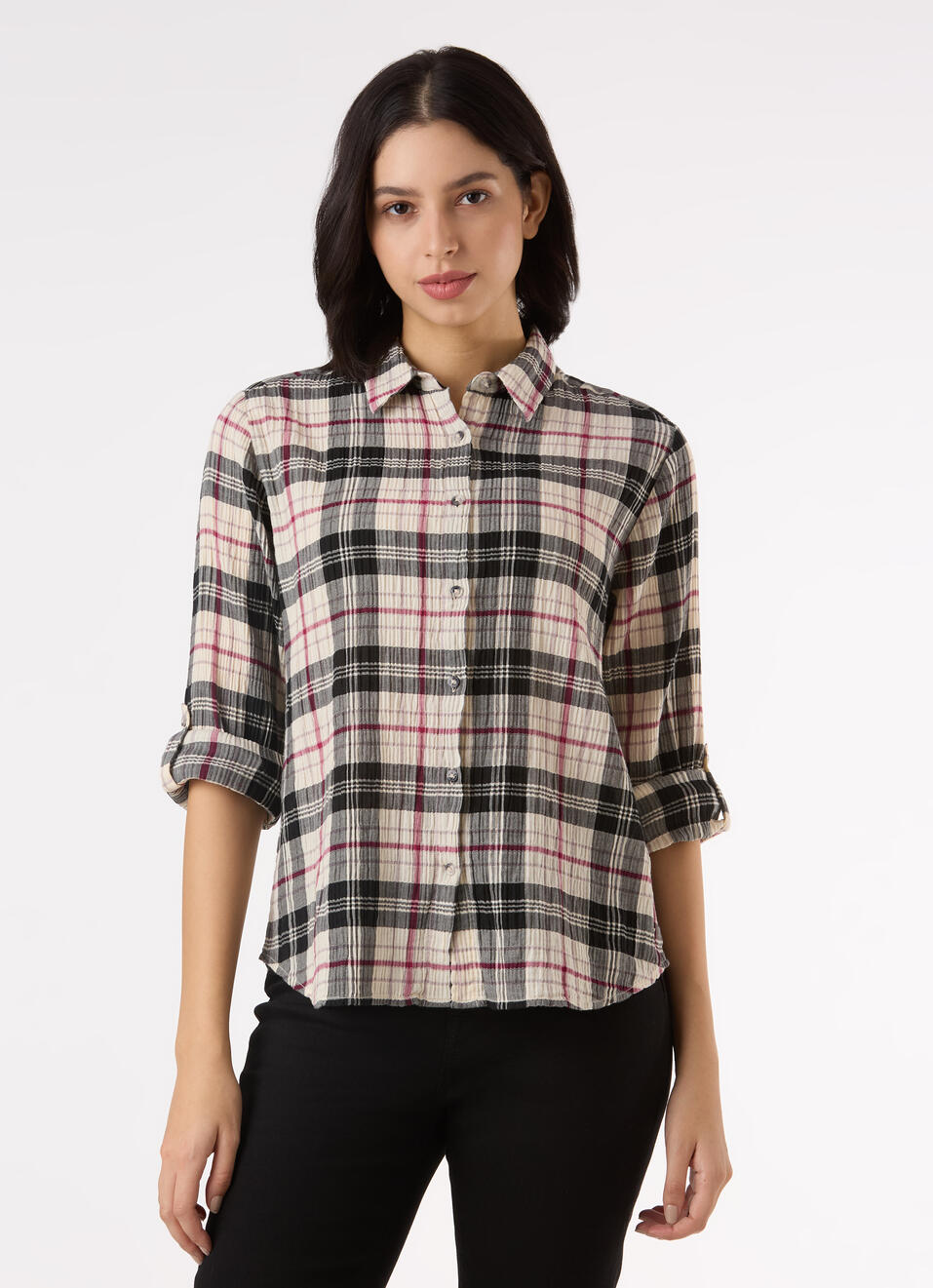 Women Black Checked Regular Fit Shirt, , large image number 1