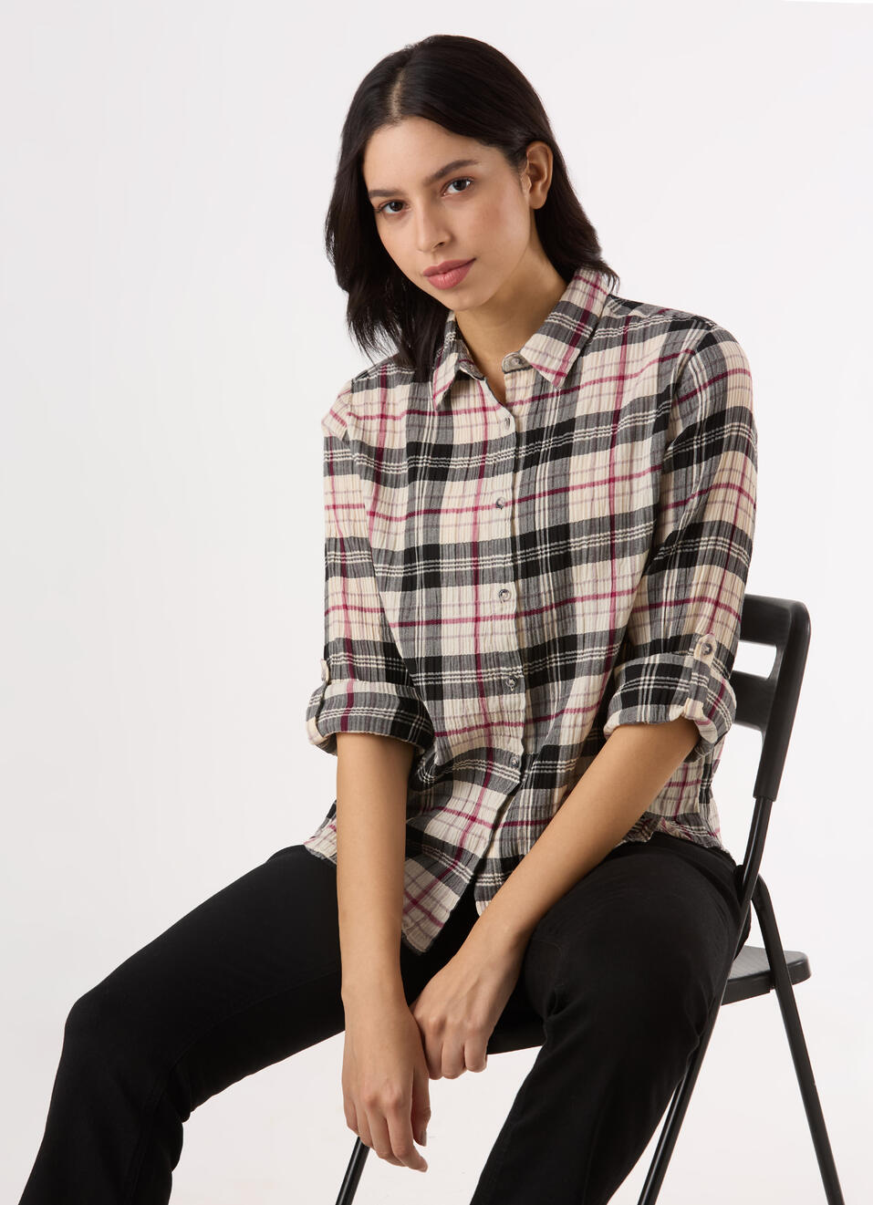 Women Black Checked Regular Fit Shirt, , large image number 0