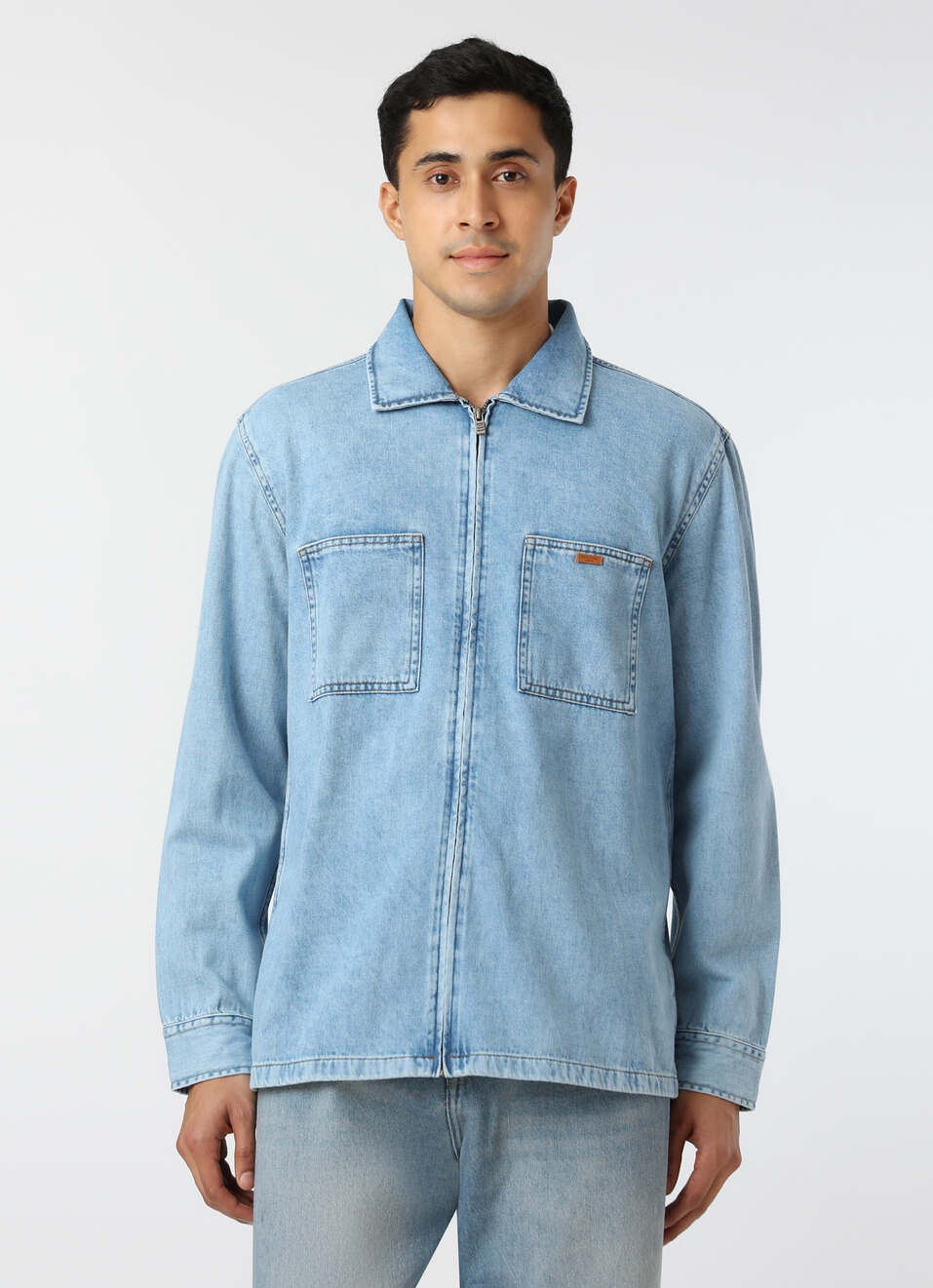 Men Light Blue Oversized Denim Zip Up Shirt, , large image number 1