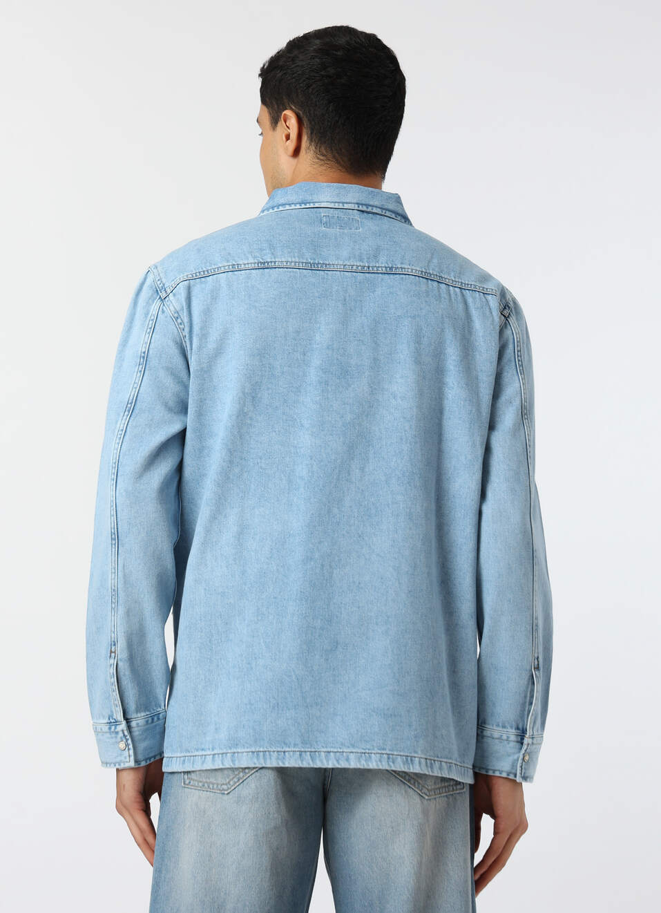 Men Light Blue Oversized Denim Zip Up Shirt, , large image number 2