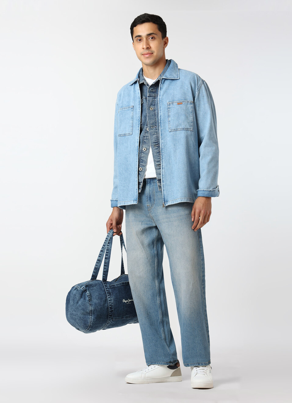 Men Light Blue Oversized Denim Zip Up Shirt, , large image number 5