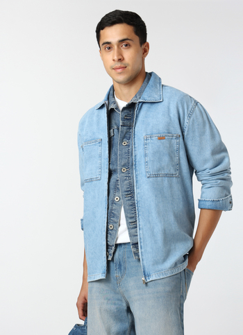 Men Light Blue Oversized Denim Zip Up Shirt