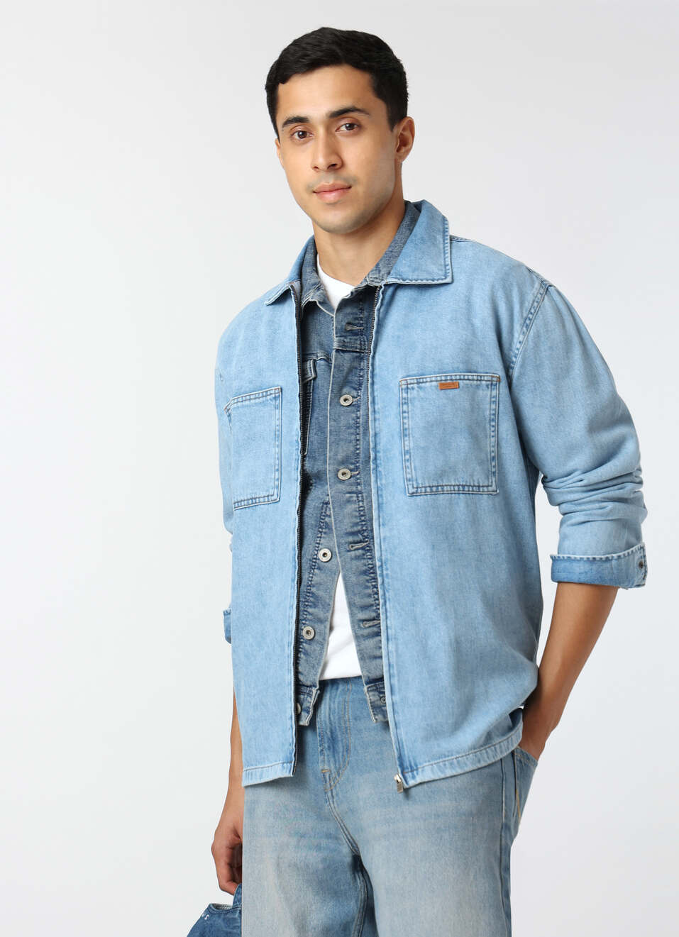 Men Light Blue Oversized Denim Zip Up Shirt, , large image number 0
